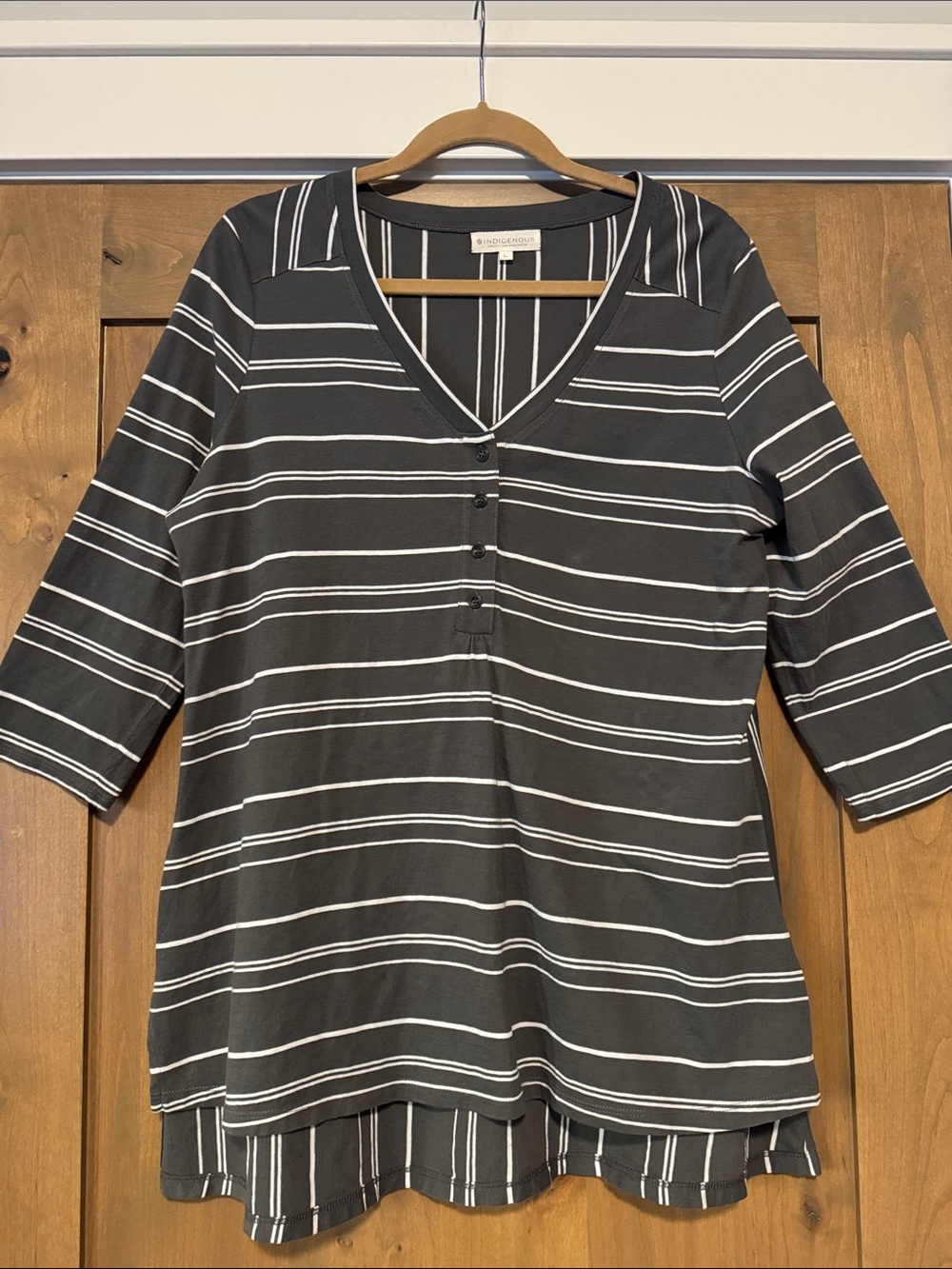 Indigenous Henley tunic top Shirt Womens L Grey/Wht stripe Organic cotton Basic